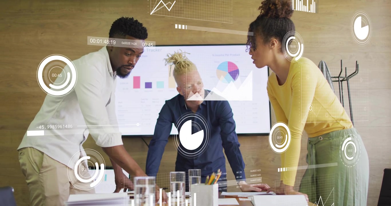 Coworkers at conference table scanning bar graphs, initiating icons revealing business trends