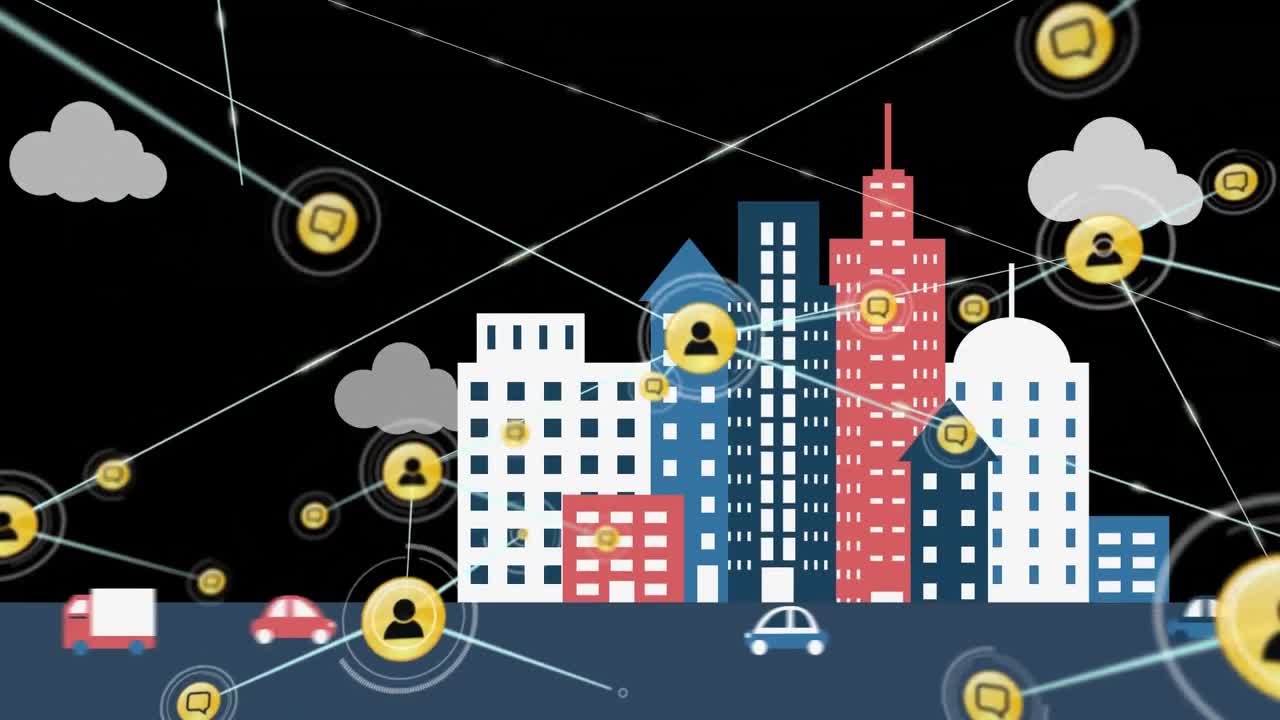 검은 바탕에 도시 그림 위의 아이콘으로 연결 네트워크의 애니메이션