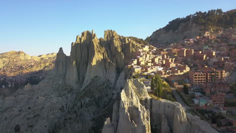 Picturesque-aerial-view-of-the-city-of-La-Paz,-Bolivia-on-a-clear,-sunny-morning-in-the-Andes-Mountains