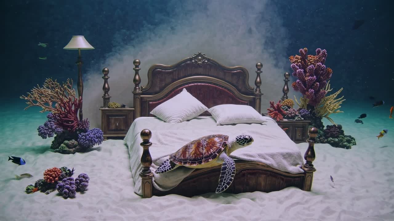 Surreal underwater seascape showing a sea turtle crawling on a bed on the seabed, with corals, fishes, a floor lamp and a night table, creating a dreamlike atmosphere