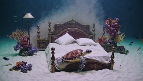 surreal underwater seascape showing a sea turtle crawling on a bed on the seabed, with corals, fishes, a floor lamp and a night table, creating a dreamlike atmosphere
