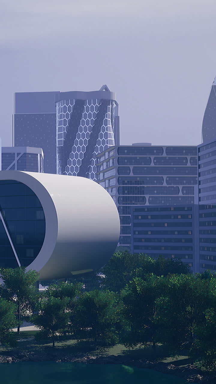 Horizonte da cidade exibindo arquitetura moderna com espaços verdes e um corpo d'água.