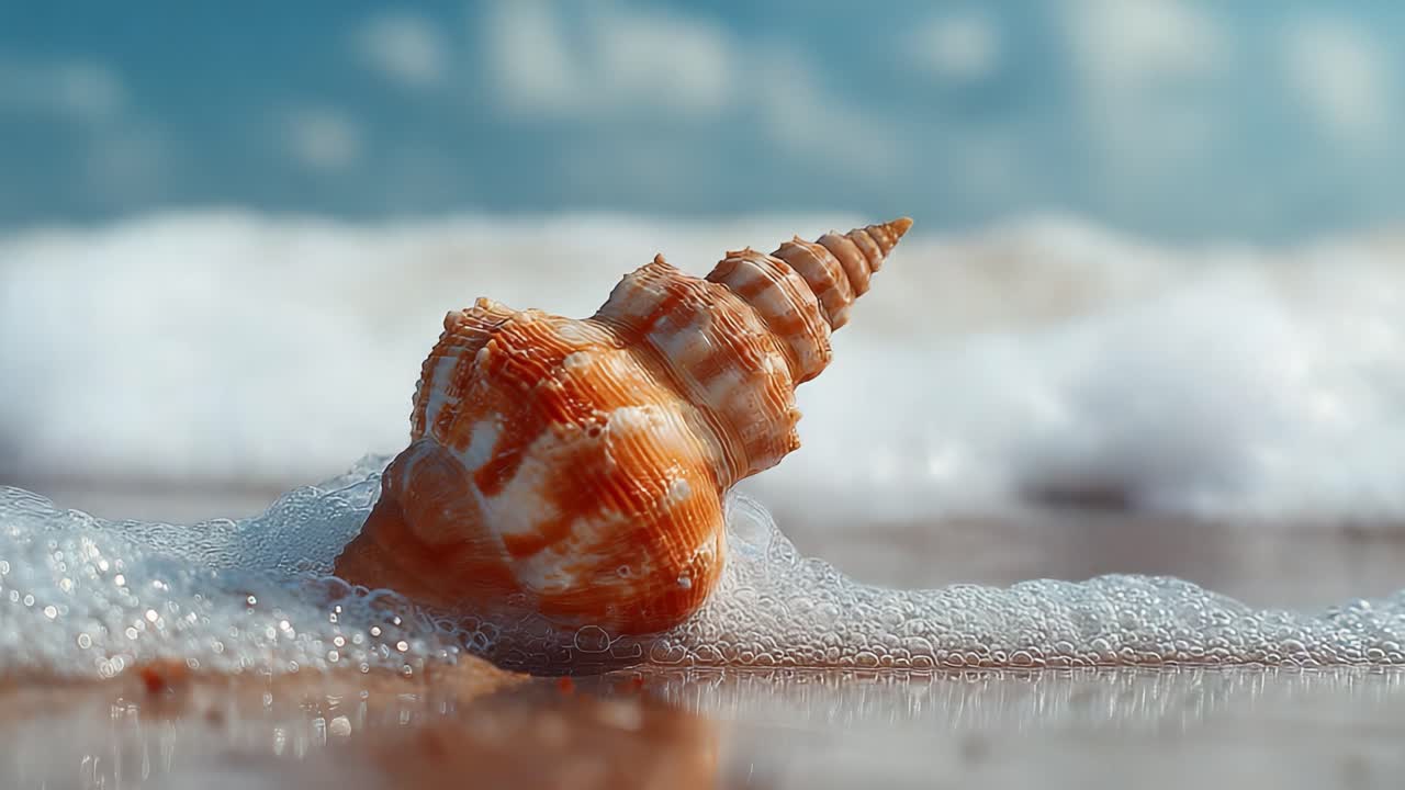 A Close-Up Perspective of a Beautifully Detailed Seashell on the Shoreline, Captured Against the Gentle Waves of the Ocean Under a Cloudy Blue Sky