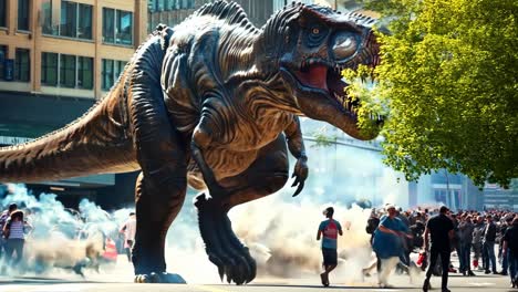 a large dinosaur statue in the middle of a city street