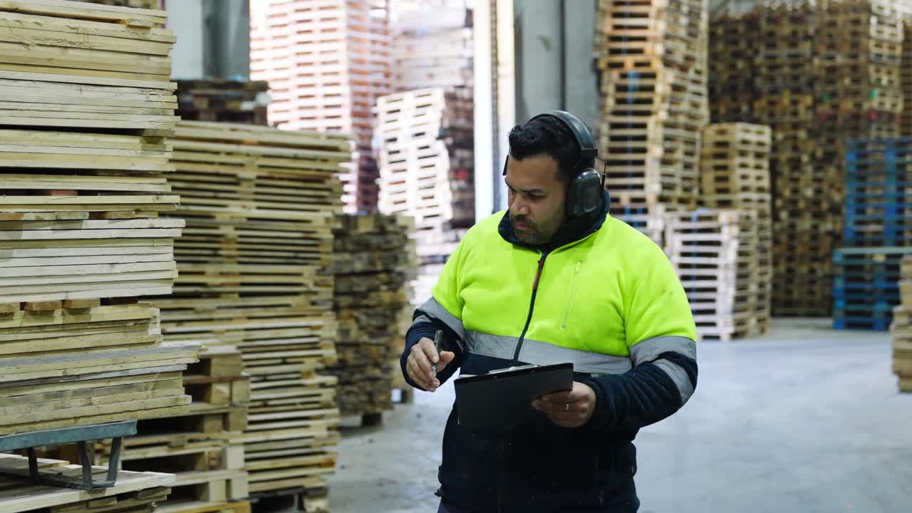 Un operaio del magazzino ispeziona l'inventario con un blocco