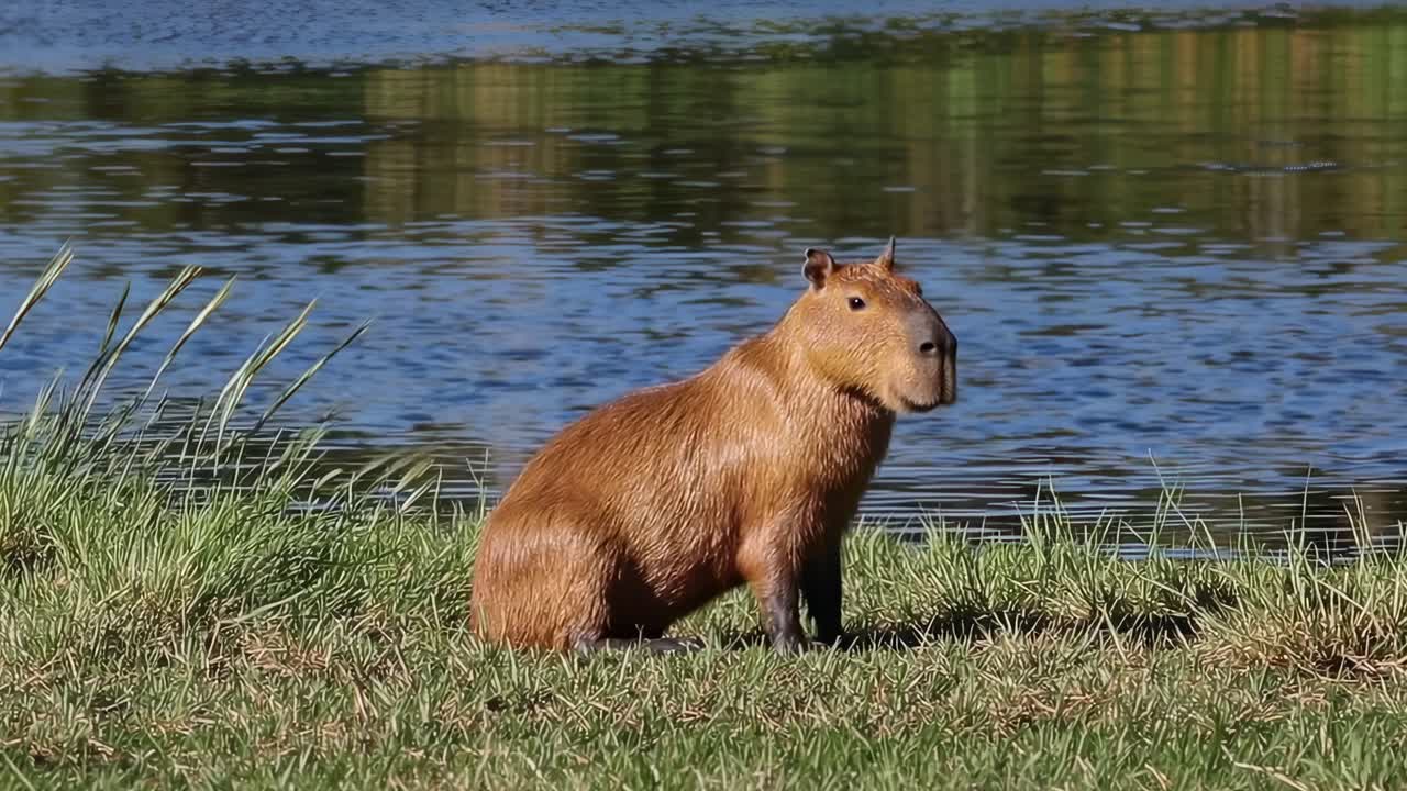 Wild capybara resting near the water, savoring the tranquil atmosphere of its natural habitat. Surrounded by lush greenery, the serene moment captures the essence of wildlife in South America
