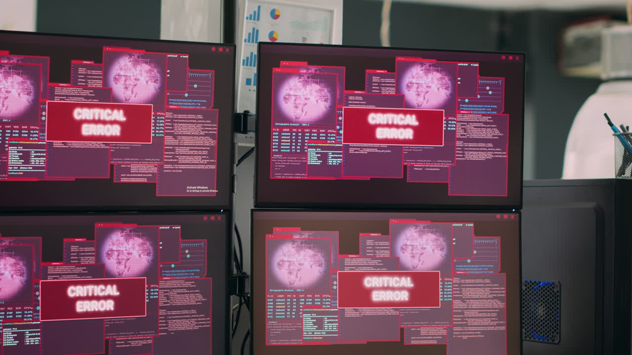 Computers displaying critical error message flashing on screen