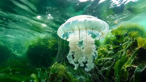 a large white jellyfish floating in the ocean surrounded by seaweed