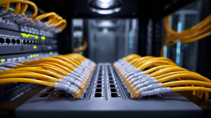 Infrastruttura di rete: primo piano di cavi Ethernet gialli collegati a switch in un data center, che evidenzia le moderne tecnologie di comunicazione e connettività