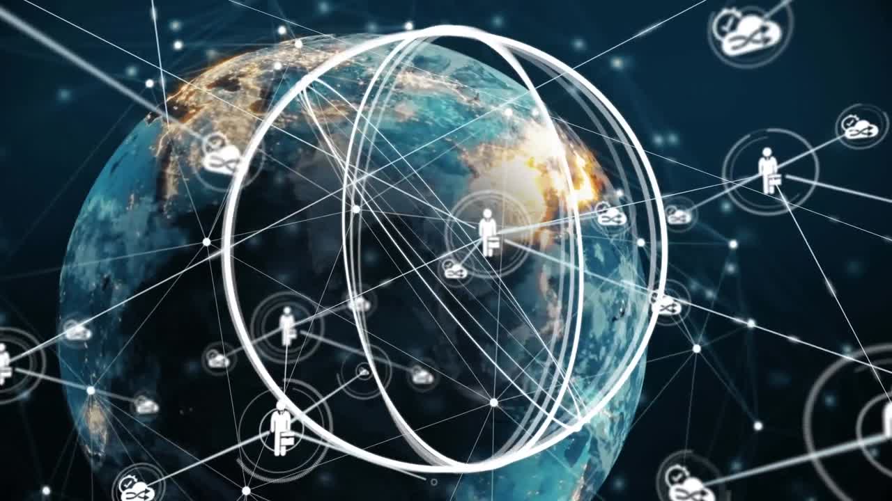 Animation of globe with network of connections with icons