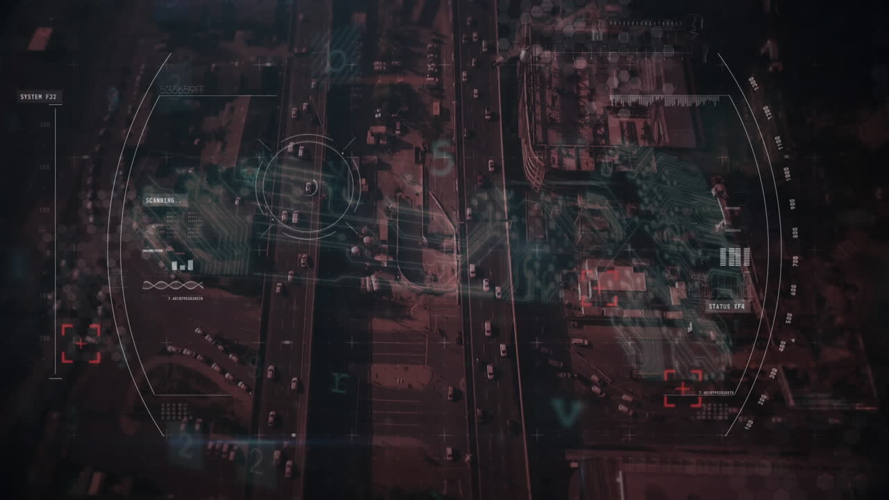 데이터 프로세싱 및 보안 아이콘을 도시 풍경에서 애니메이션화합니다.