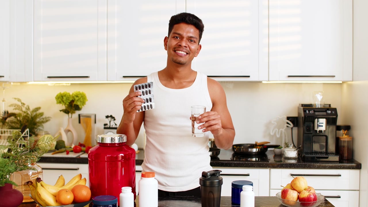 Indian man recommending sports supplement tablets for workout nutrition and fitness routine at home