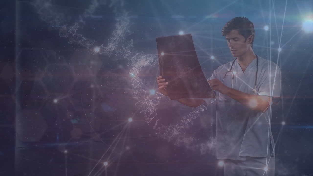animação de rede de conexões sobre o relatório de raios-x do trabalhador de saúde caucasiano.