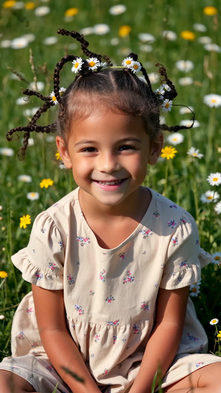 A happy young girl with daisy-adorned braids in a flower meadow