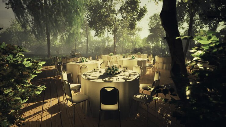 Elegant outdoor dining setup in a serene forest during golden hour