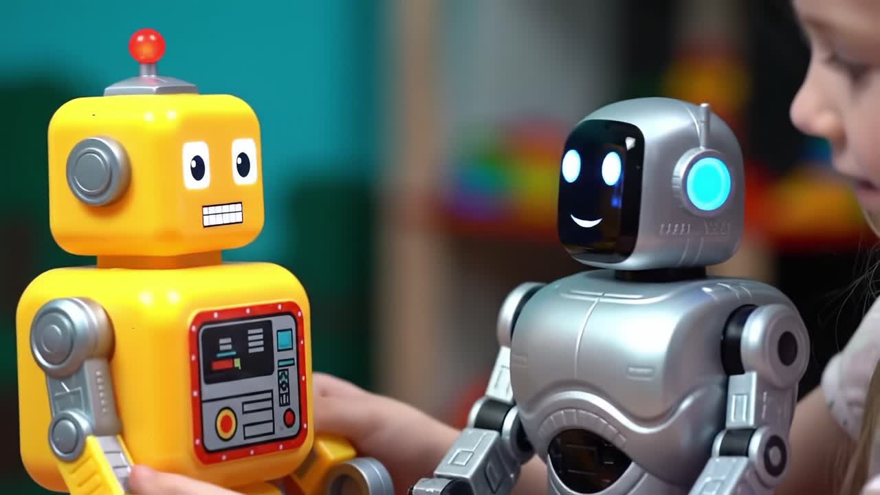 Two Engaging Robots Interacting Together, Showcasing Playful Technology with Expressive Features and Colorful Designs for Educational Play and Imaginative Fun
