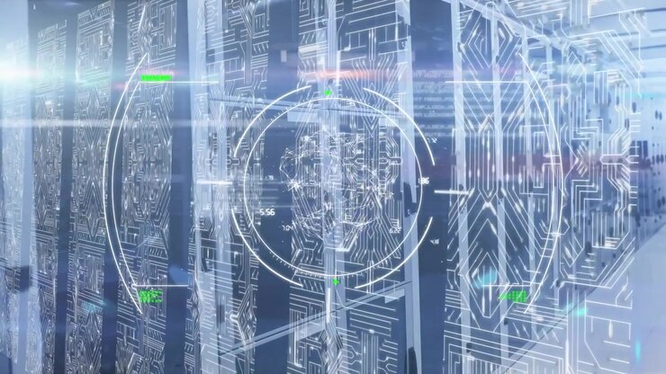 Digital Data Processing in a Server Room with HUD Overlay