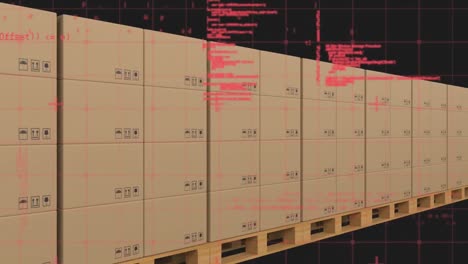 animation of data processing over cardboard boxes on conveyor belt in warehouse