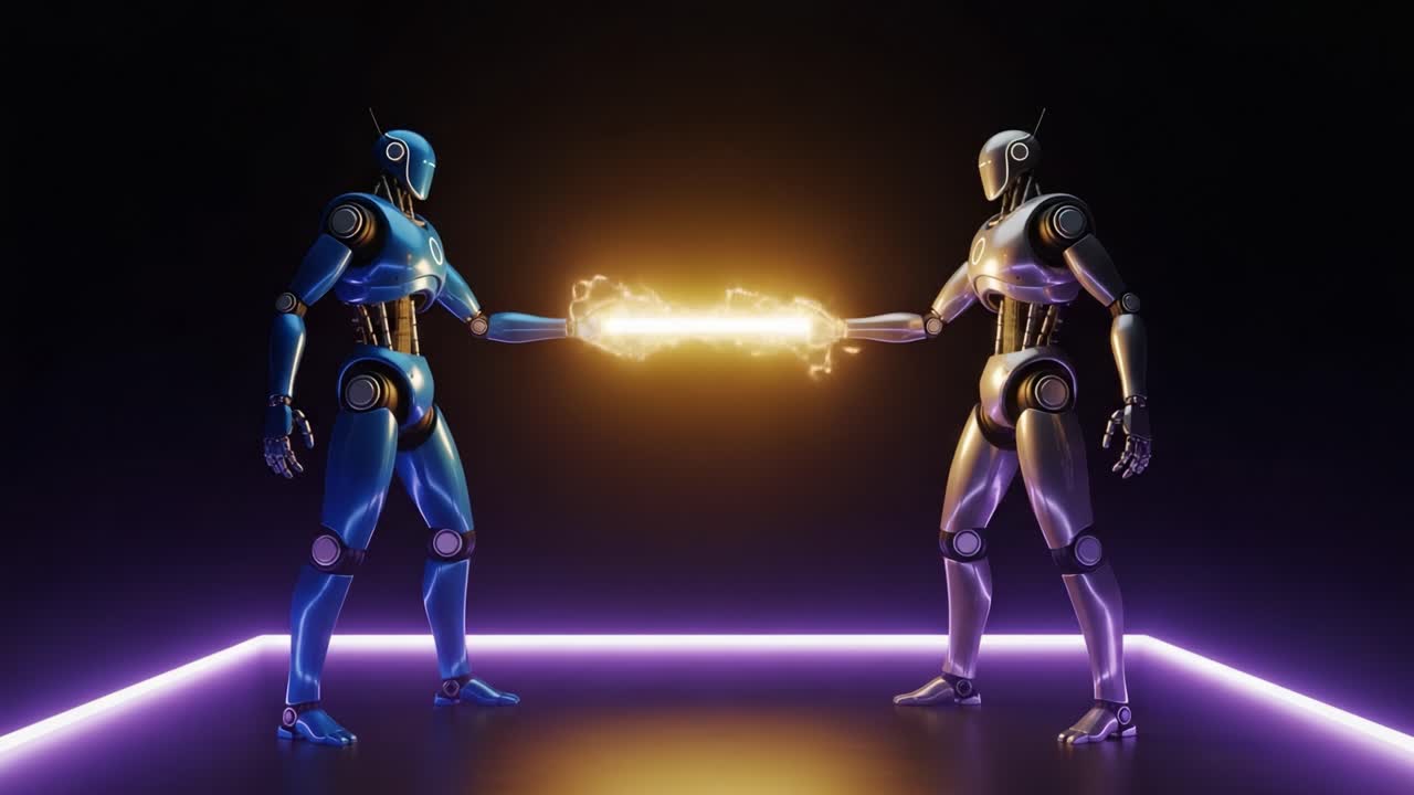 A Dynamic Showdown Between Two Futuristic Robots Engaging in an Electrifying Display of Power and Connection in a Neon-Lit Arena Setting
