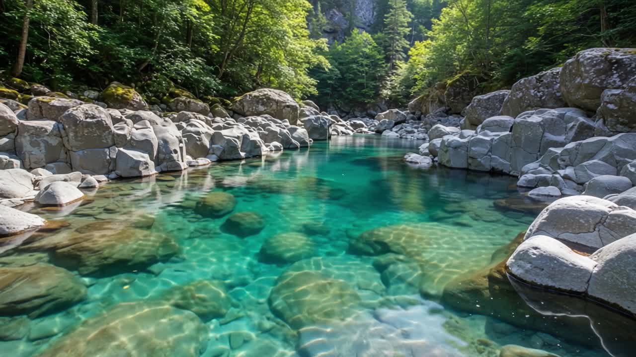 A Serene Glimpse of Crystal-Clear Waters Flowing Between Rocky Outcrops Surrounded by Lush Greenery in a Tranquil Natural Landscape