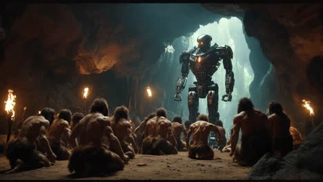 el robot gigante se encuentra con los hombres de las cavernas.