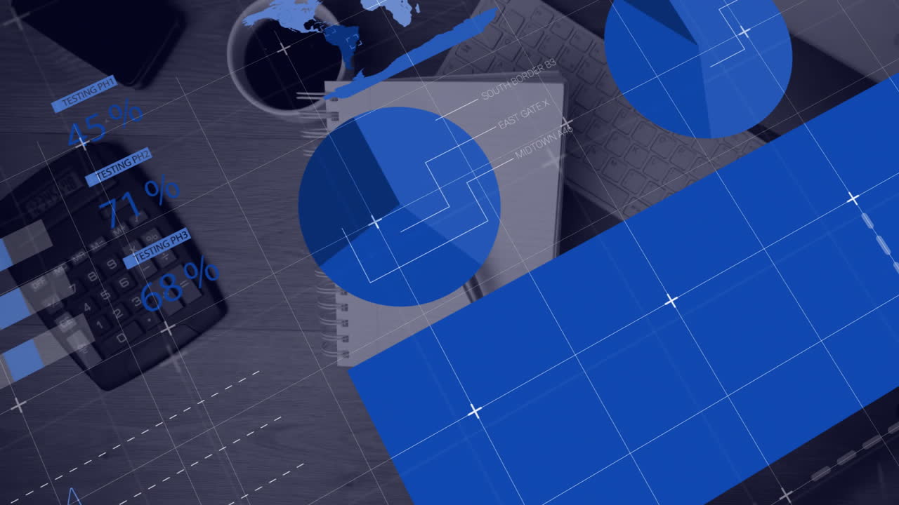 Animation of digital data processing over calculator and computer on desk