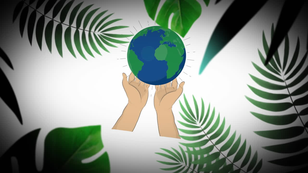 animación de manos sosteniendo un globo con plantas tropicales en el fondo