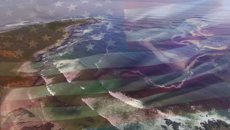 digital composition of waving us flag against aerial view of waves in the sea