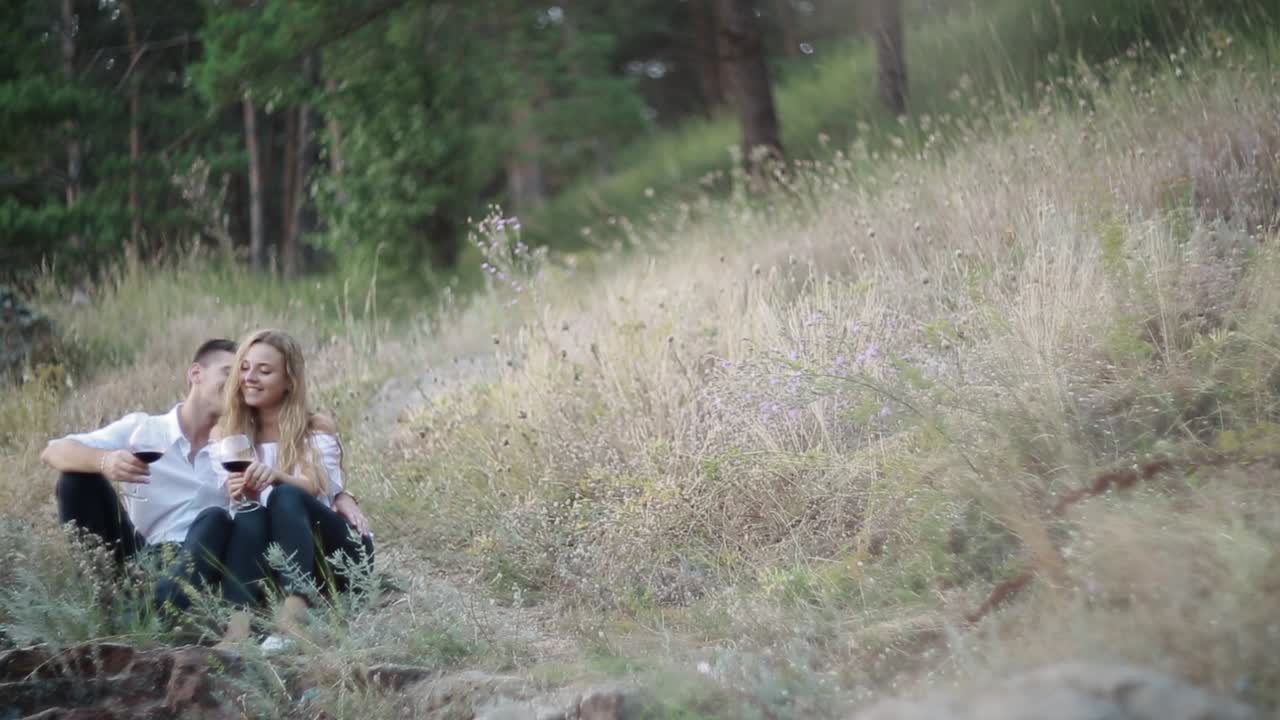 Friendship, Love, Happiness, Summer Vacation. Cheerful young couple drinking wine and enjoying a picnic