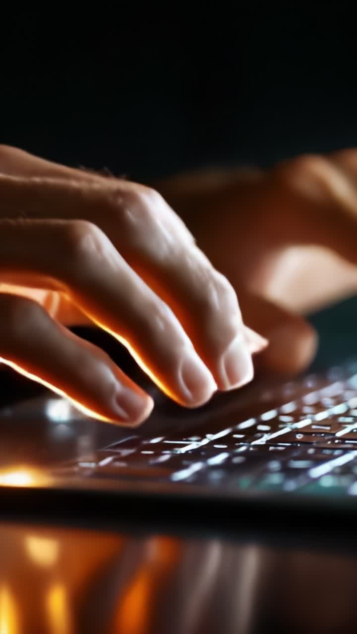Close-up View of Hands Typing on a Backlit Keyboard, Showcasing the Intricacies of Technology and Human Interaction with Digital Devices