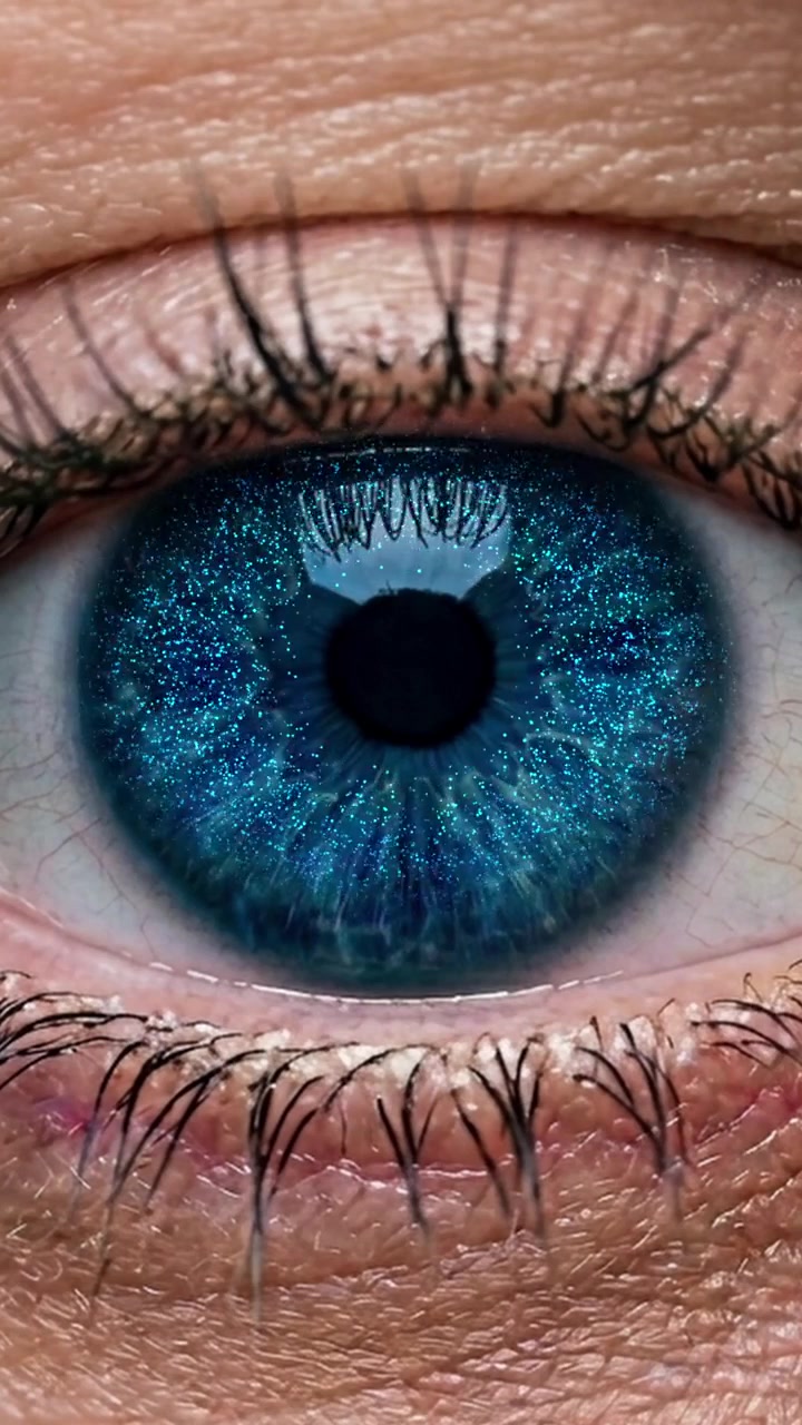 Primer plano vertical de ojo azul con superposición de espacio estrellado azul brillante, bucle sin fin.