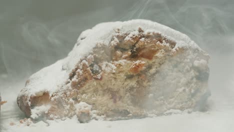 Close-up view of a steaming Christmas Stollen