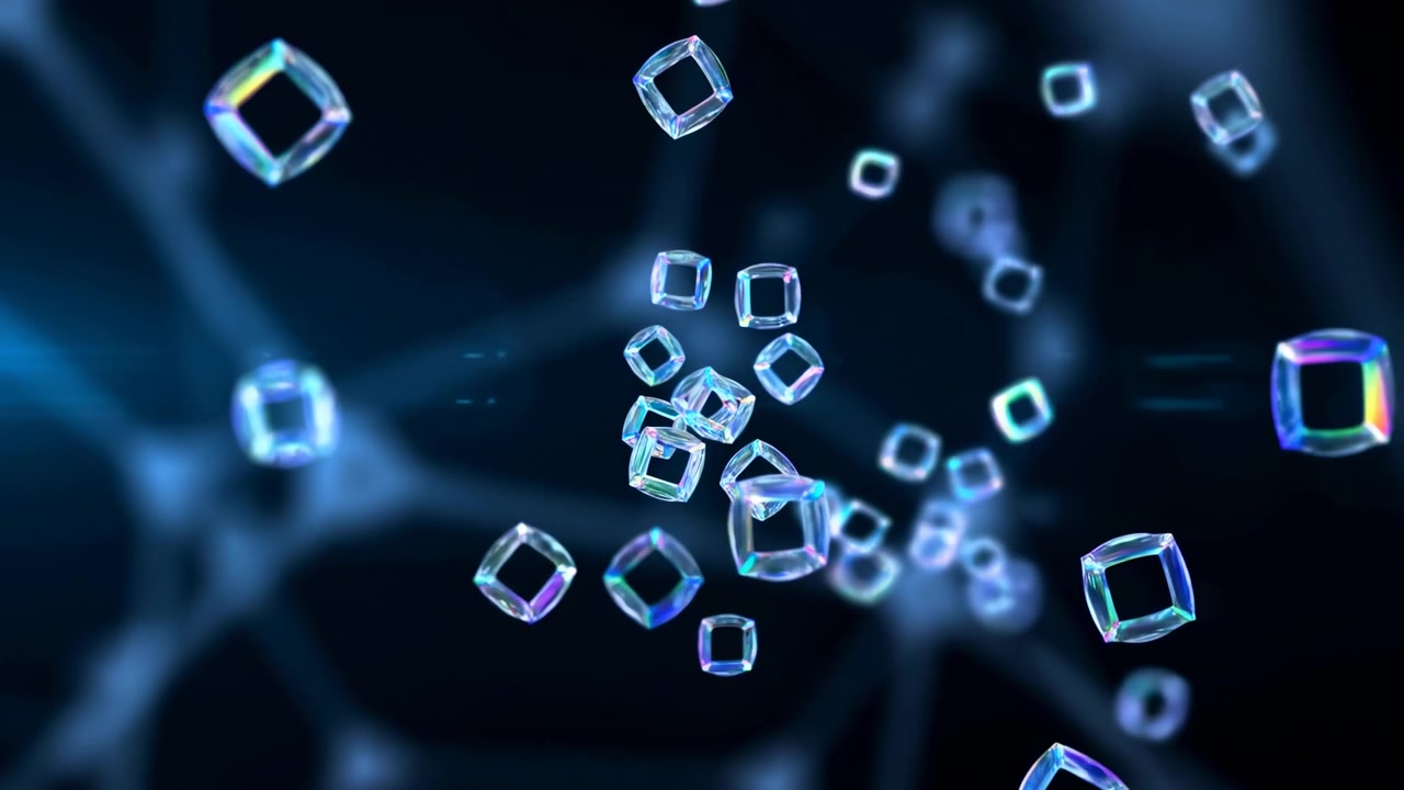 Small transparent cubes with blue and pink highlights float across a dark abstract background, creating a futuristic scene with soft light, depth, motion,