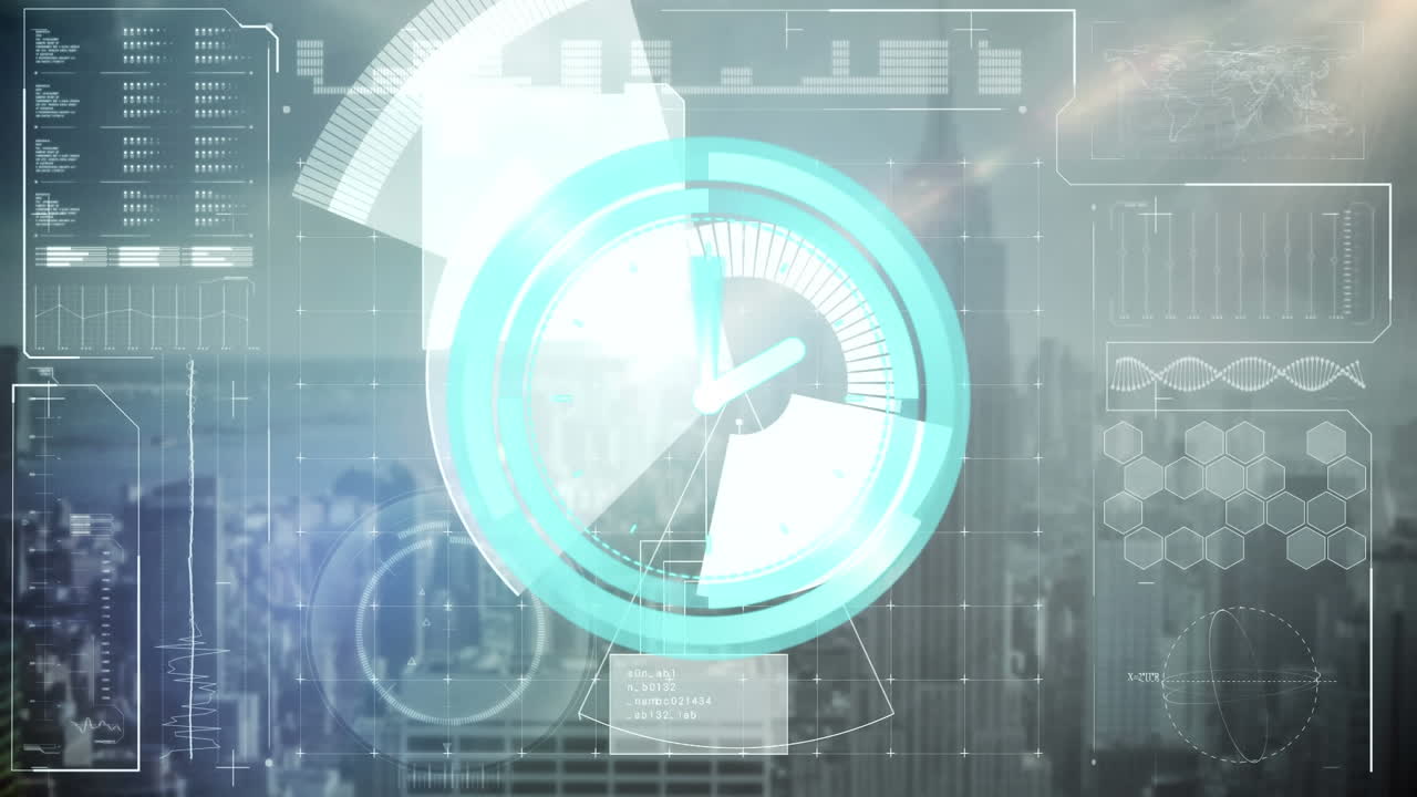 시계와 데이터 처리와 함께 도시 풍경 위의 범위 스캐닝의 애니메이션