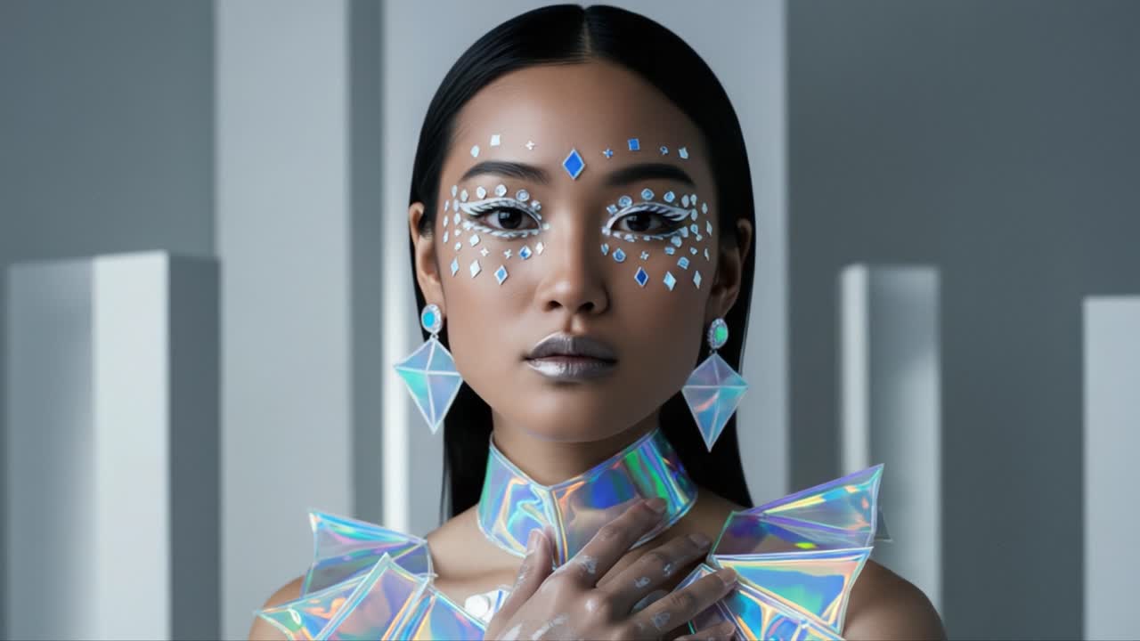 A Stunning Portrait of Elegance: Capturing a Graceful Model Adorned in Iridescent Fashion with Sparkling Makeup and Stunning Accessories