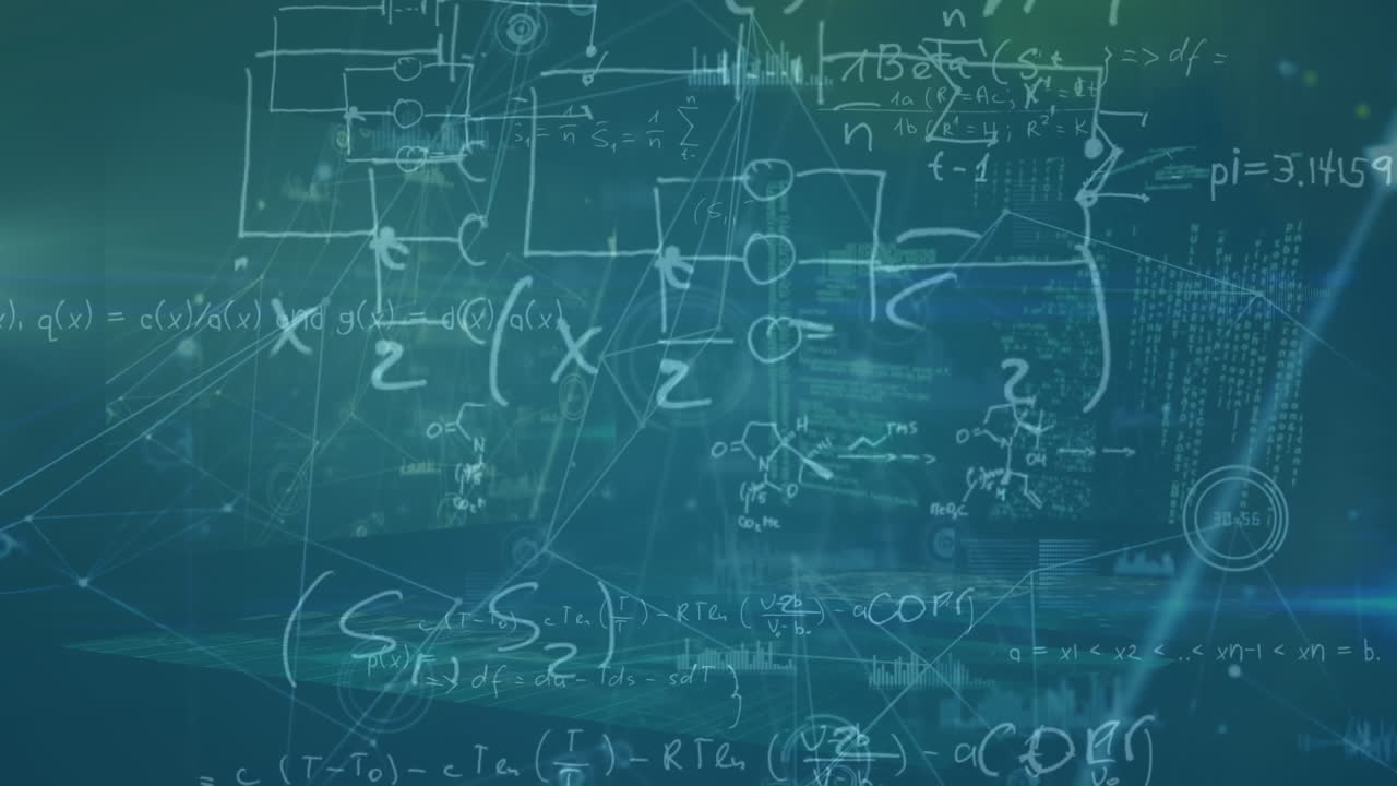 animación de puntos conectados, gráficos iconos sobre ecuación matemática contra el fondo verde.