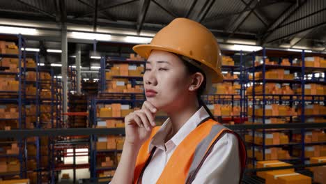 close up side view of asian female engineer with safety helmet standing in the warehouse with shelves full of delivery goods. thinking about something and looking around in the storage