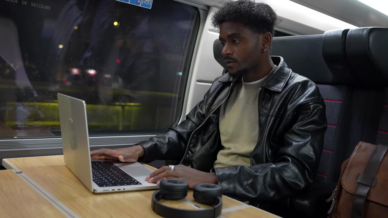 Man working on laptop while traveling on train