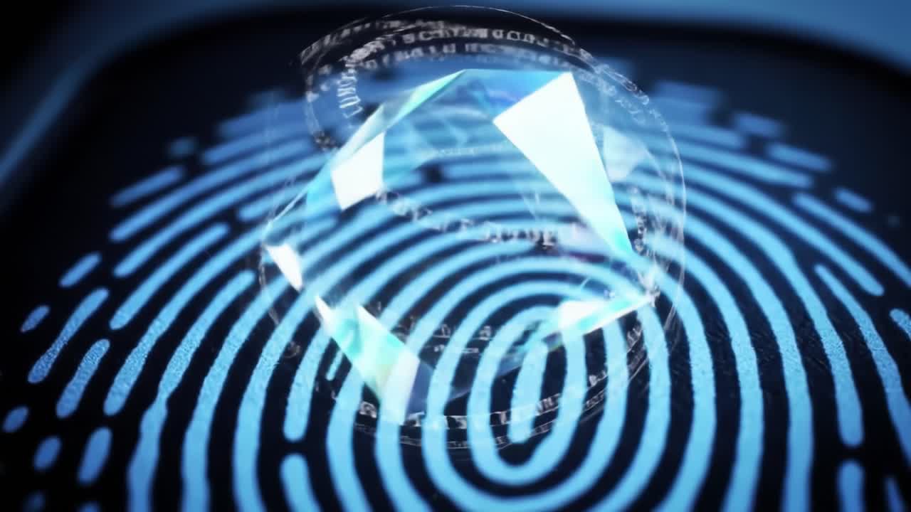 This clip highlights a close-up of a biometric fingerprint scanner, showcasing intricate patterns and technology used for secure identification.