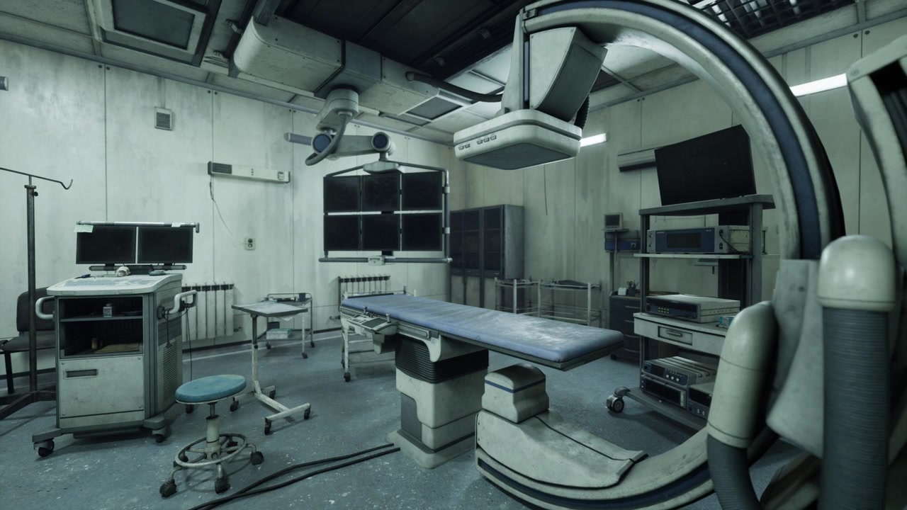 Sala medica procedurale con strumenti angiografici avanzati e schermatura