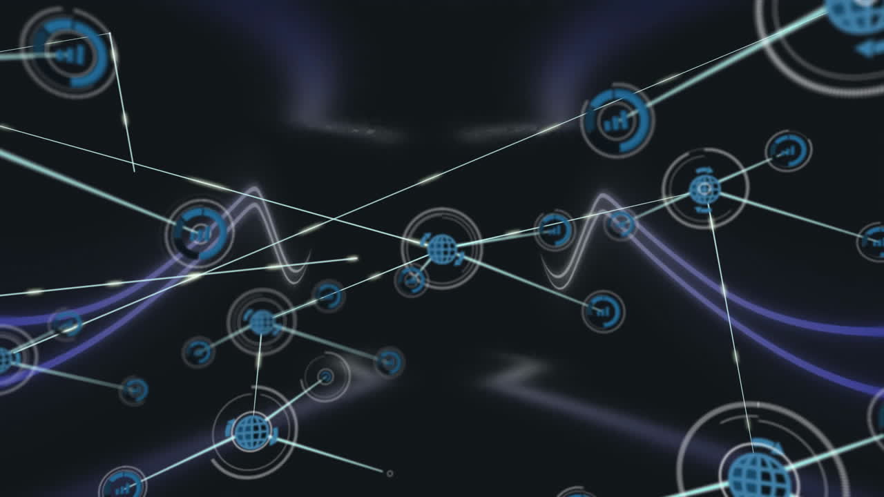 Network of connections and data processing animation over dark abstract background