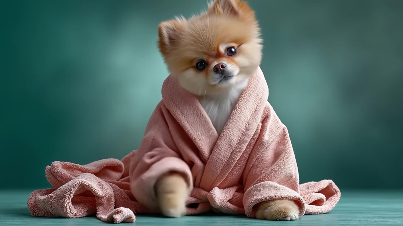 Lille, fluffy Pomeranian hund pakket ind i et lyserødt håndklæde, der kigger direkte ind i kameraet i et studie