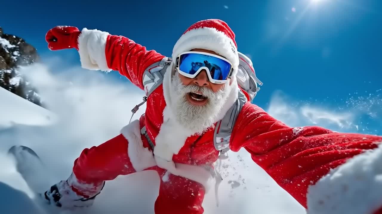 A man dressed as Santa Claus taking a selfie in the snow