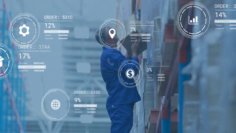 trabajador del almacén organizando el inventario con animación de análisis de datos superpuesta