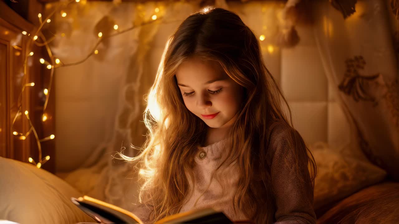 Young girl with long blond hair is sitting comfortably in her bed, engrossed in a captivating book under the warm glow of fairy lights, creating a magical and cozy atmosphere