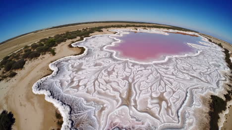 aerial view of a pink salt lake with intricate salt patterns
