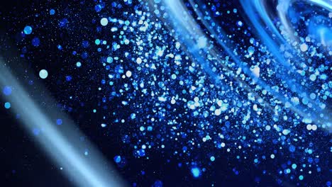 Animation-of-blue-lights-over-glowing-blue-and-white-particles-floating-on-black-background