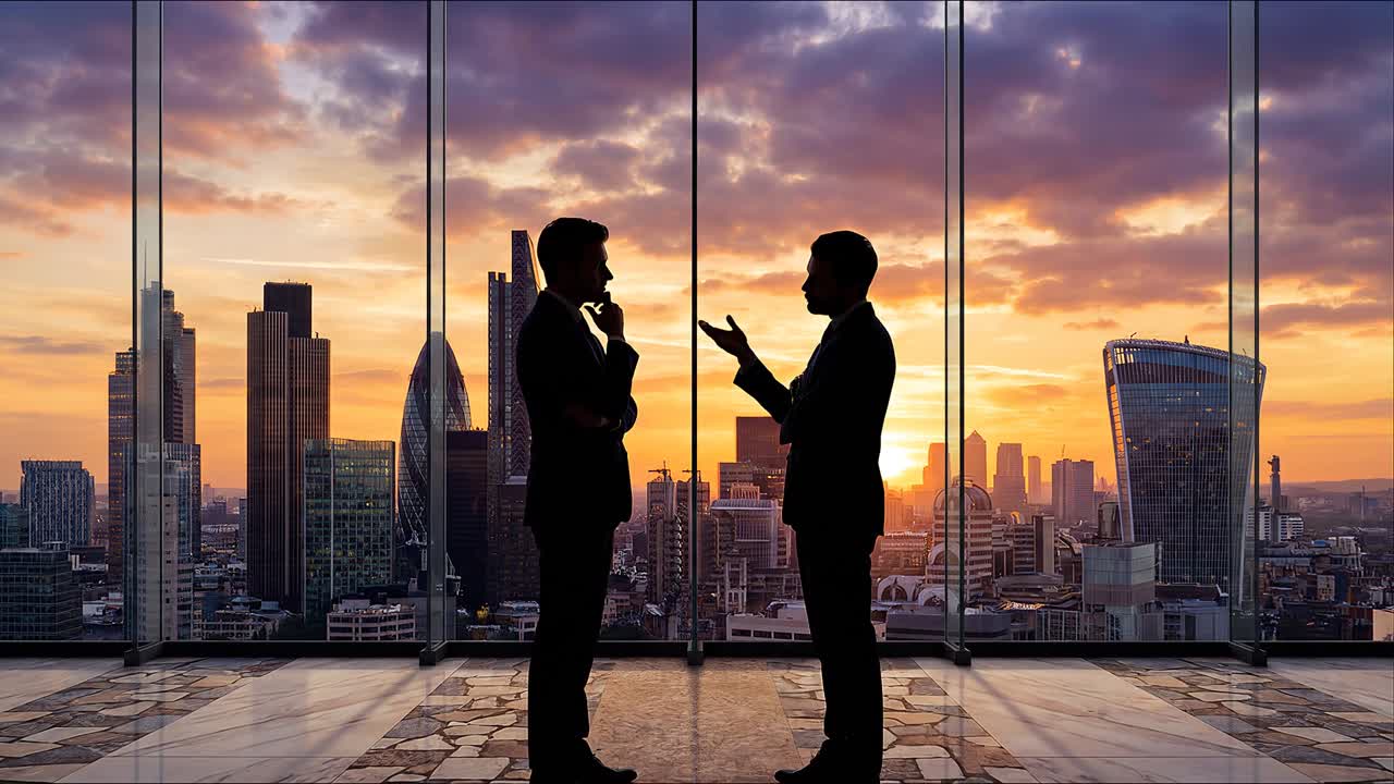 Dirigenti in silhouette che analizzano idee in un ufficio moderno con uno skyline iconico e uno sfondo di tramonto dorato