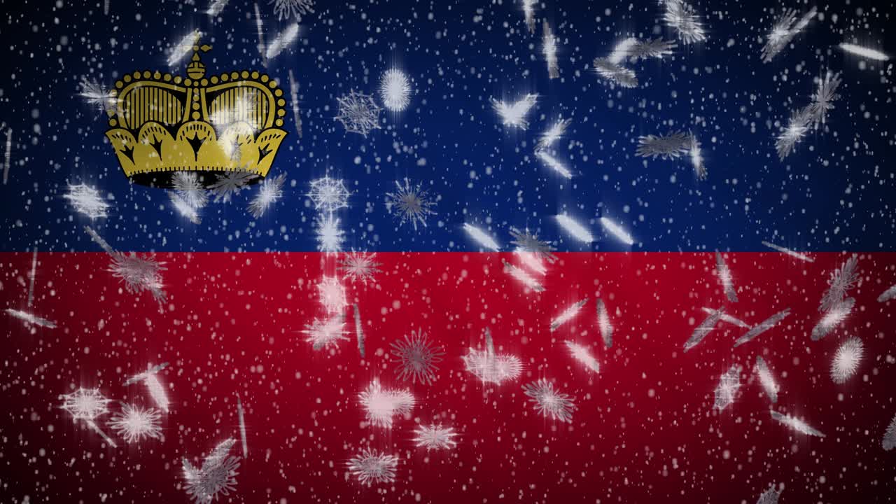 Lihtenştayn bayrağı, yağan kar, döngüsel, Yılbaşı ve Noel arka planı.