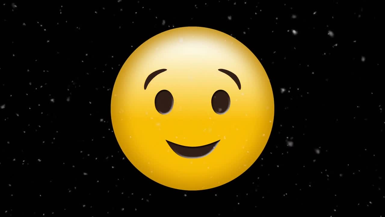 Digital animation af hvide partikler svævende over en blinkende ansigts-emoji på sort baggrund